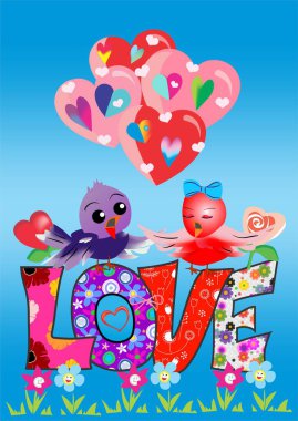 Üzerinde aşk yazıları olan kompozisyon ve aşk kuşları onun üzerinde oturuyor.