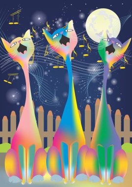 Çitin önünde oturup şarkı söyleyen üç kedinin kompozisyonu