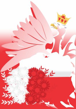 Bayrak, kartal, beyaz ve kırmızı çiçekli kompozisyon