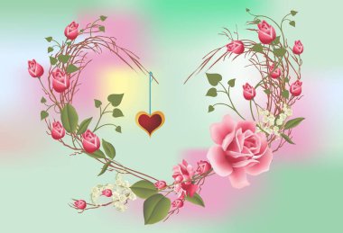 kalp ve pembe gül kompozisyonu