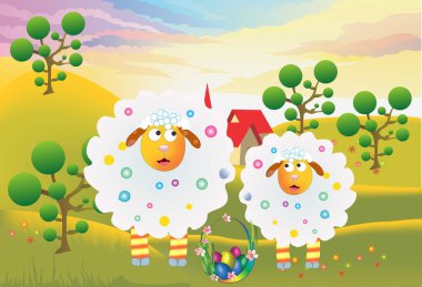 easter composition with rams and easter eggs clipart