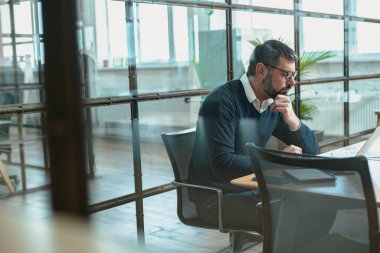 Manager sitting at desk and using computer for online project in the office, copy space