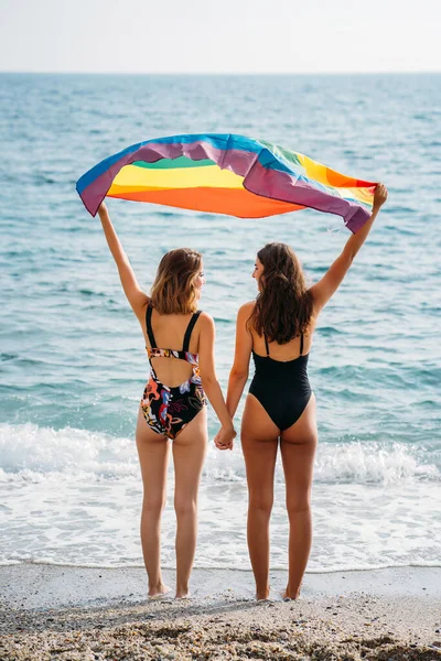 Full body back view of young women in swimwear standing on beach near waving sea and holding colorful LGBTQ flag