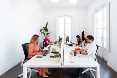 Paylaşılan masalarda dizüstü bilgisayarlar ve bilgisayarlar kullanan ofis çalışanları modern bir çalışma alanında çalışıyorlar