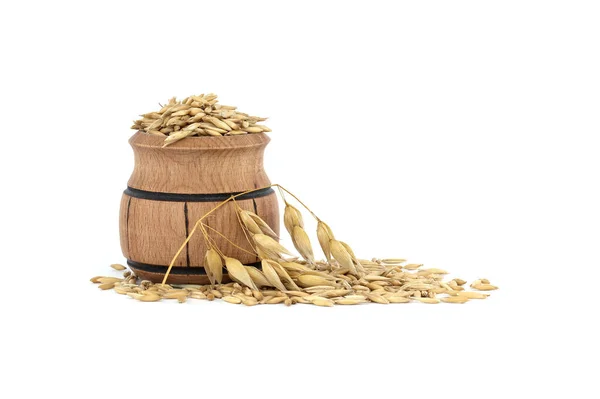 Oat Grains Hulls Husks Small Wooden Barrel Isolated White Background — Stock Photo, Image