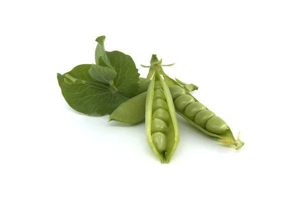 Fresh Green Peas Pea Pods Green Leaves Isolated White Background — Stockfoto