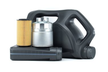 Vehicle engine oil filters and motor oil cans isolated on a white background. Containers, plastic storage or oil and filter replacing maintenance