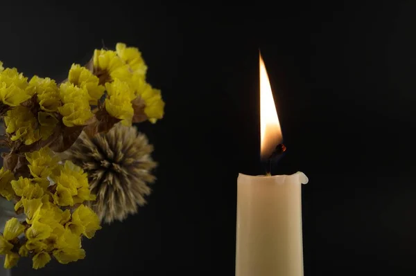 暗闇の中のキャンドルライトに照らされたキャンドルの炎と花のクローズアップ無料コピースペース — ストック写真