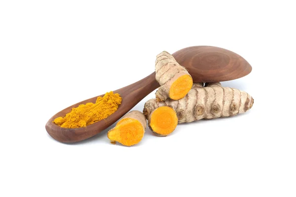 stock image Turmeric rhizome (curcumin, Curcuma longa Linn) with turmeric powder in wooden spoon isolated on white background