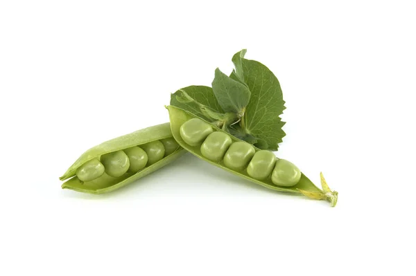 Fresh Green Peas Pea Pods Green Leaves Isolated White Background — Stockfoto