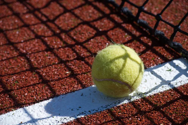 Tennis scene with black net and ball on white line in low angle view and selective focus