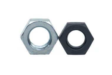 Zinc plated and coated with black oxide hexagon female screws isolated on white background