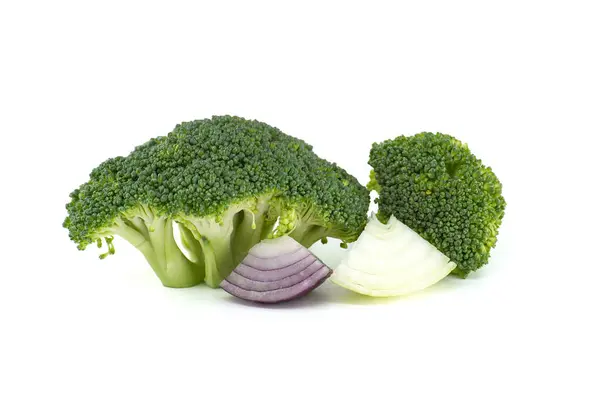 Fresh Raw Green Broccoli Slices Yellow Red Onions Isolated White — Zdjęcie stockowe