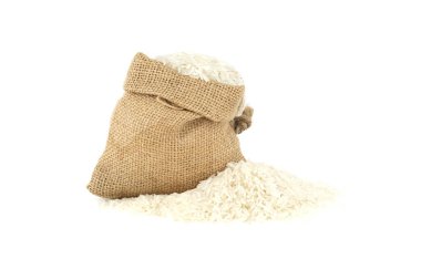 Uncooked long-grain basmati rice in small burlap sack and wooden scoop isolated on white background