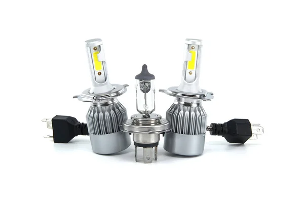stock image H4 halogen lamp and LED headlight bulbs isolated on white background, vehicles parts and replacement