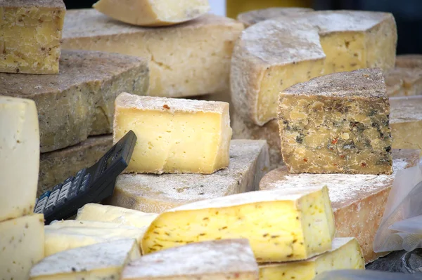 stock image The different types of hard cheese for sale on a farmers market, gourmet cheese assortment