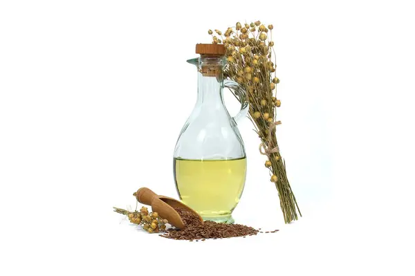 Linseed Oil Glass Decanter Flax Seeds Wooden Scoop Bunch Flax — Stock Photo, Image