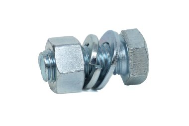 Tam iplikli altıgen cıvata ve iç vida, düz fındık makinası ve yay temizleyicisi beyaz arka planda izole edilmiş çinko tabakasıyla kaplı.