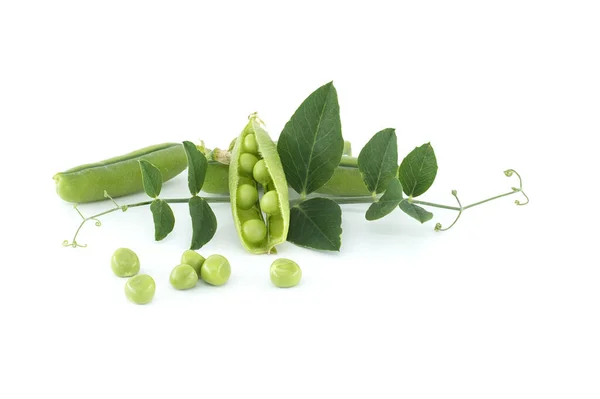 Frische Grüne Erbsen Erbsenschoten Mit Grünen Blättern Und Geöffnete Erbsenschoten — Stockfoto