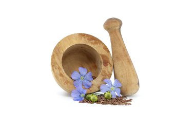 Küçük kahverengi keten tohumlarıyla dolu ahşap havan ve keten tohumu çiçekleri ile beyaz arka planda izole edilmiş keten tohumu yuvarlak meyve kapsülleri.