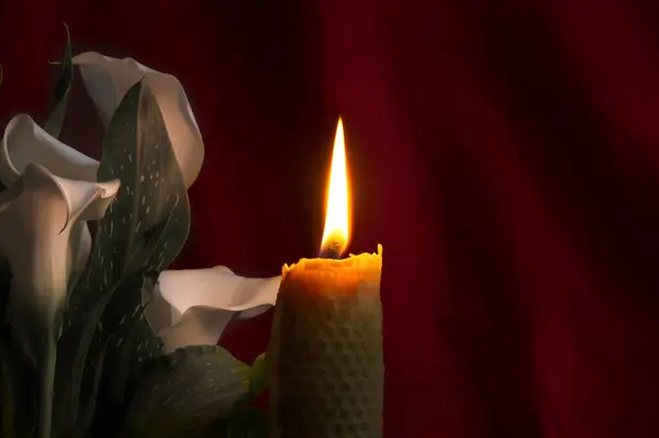 Single burning wax candle, centrally positioned, burning in a dark environment against a red curtain backdrop that provides a sense of depth, quiet and calm environment