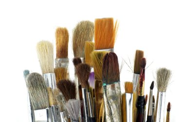 Paintbrushes varying sizes and bristle styles include flat to round and others with wooden handles isolated on white background clipart