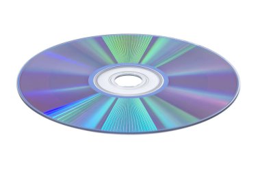 Düz beyaz bir arkaplanda düz konumda duran bir CD 'yi kapat. CD 'nin yansıtıcı yüzeyi veri depolamayı temsil eden karmaşık spiral iz kalıbını gösteriyor