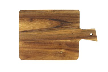 Wooden cutting board with a handle, made from old, thick wood, and bears a rustic, vintage appearance characterized by cracks, scratches, isolated on a white background clipart