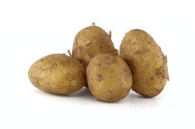 Bir grup taze patates, açık kahverengi tenli ve koyu kahverengi benekli beyaz arka planda izole edilmiş.