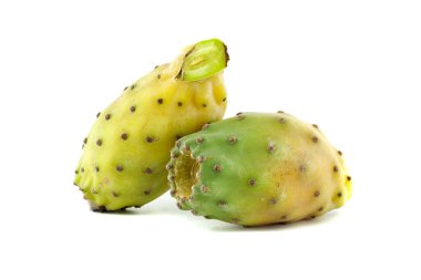 Closeup image of two ripe prickly pear fruits isolated on a white background, showcasing their vibrant colors and unique texture