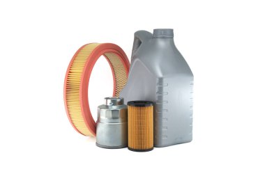 A selection of automotive parts featuring filters and an oil bottle. Essential for vehicle maintenance and engine performance. Ideal for car service and mechanical industries clipart