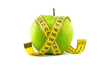 A vibrant green apple adorned with a measuring tape, symbolizing health, fitness, and nutrition. Perfect for wellness-focused projects. clipart