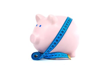 A creative visual of a piggy bank surrounded by a blue measuring tape, symbolizing budgeting and financial management for saving money. clipart