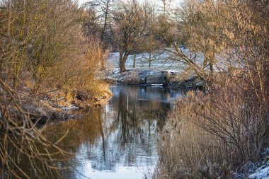 A tranquil winter scene featuring a peaceful stream surrounded by bare trees and light snow cover, evoking serenity and quietness in a natural setting. clipart