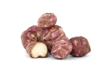 A stack of fresh Jerusalem artichokes with their characteristic rough skin sits on a plain white background. This image highlights the unique texture and color of the edible tubers clipart