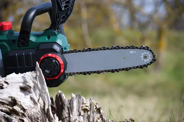 Açık havada kullanılmaya hazır, yıpranmış bir ağaç kütüğünün yanında dinlenen modern yeşil ve siyah testere ayrıntılı bir görünüm..