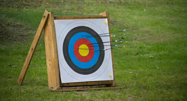 Okçuluk hedefi, yeşil bir çimenliğe kurulmuş. Hedefe birkaç ok atılmış. Açık havada spor ve eğlence için ideal bir ortam yaratıyor..