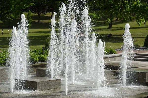 Dinamik bir fıskiyenin büyüleyici su fıskiyeleri serin bir parkta yeşilliklerle çevrili. Güneşli bir günde modern özelliklerin yanında doğanın güzelliğini gösteren sakin bir şehir manzarası..