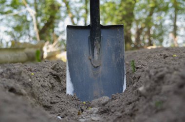 Yeni kazılmış bir toprağa yakın plan bir kürek, bir açık bahçede yeşillik ile çevrili. Bu görüntü bahçıvanlığı, sıkı çalışmayı ve doğayla olan bağlantıyı özetliyor.