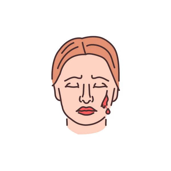 Blut Auf Traurigen Frau Gesicht Farbe Linie Symbol Verletzungskonzept Piktogramm — Stockvektor