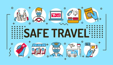 Güvenli seyahat kelimesi tipografiyi işaret ediyor. Mavi arkaplanda doğrusal simgeleri olan bilgi grafikleri. Yaratıcı fikir konsepti. İzole edilmiş dış hat renk çizelgesi.