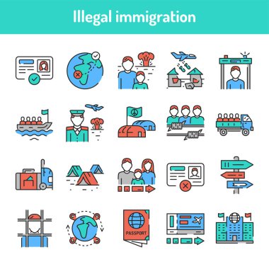 Yasadışı göç renk çizgisi simgeleri ayarlandı. Web sayfası için piktogramlar, mobil uygulama, tanıtım. UI UX GUI tasarım elemanı. Düzenlenebilir vuruş.