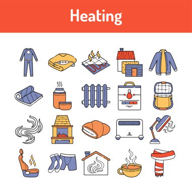 Isıtma renk çizgisi simgeleri ayarlandı. Web sayfası için piktogramlar, mobil uygulama, tanıtım. UI UX GUI tasarım elemanı. Düzenlenebilir vuruş.