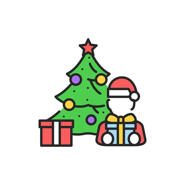 Weihnachtlich Geschmückter Baum Und Kind Farbe Linie Symbol Leuchtende Lichter — Stockvektor