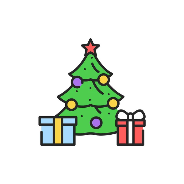 Χριστουγεννιάτικο Διακοσμημένο Δέντρο Δώρα Χρώμα Γραμμή Εικονίδιο Λαμπερά Φώτα Εγγραφείτε — Διανυσματικό Αρχείο