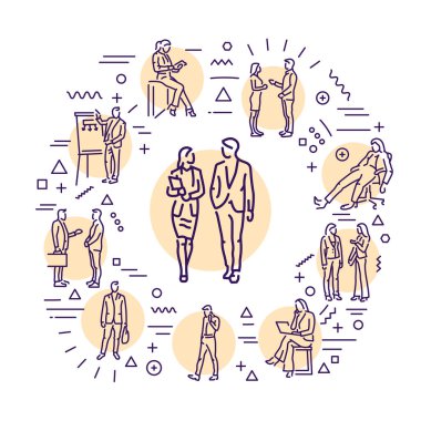 Business people web banner. Infographics with linear icons