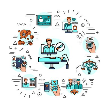 Telemedicine web banner. Infographics with linear icons
