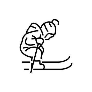 Child skier color line icon. Skiing in winter Alps.