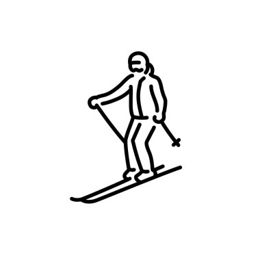 Skier color line icon. Skiing in winter Alps.