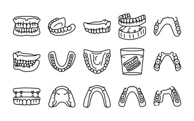 False teeth line icons set. Dental prosthetic. 